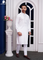 White Textured Weave Cotton With Glass Beads Embroidered Panjabi - Image 3