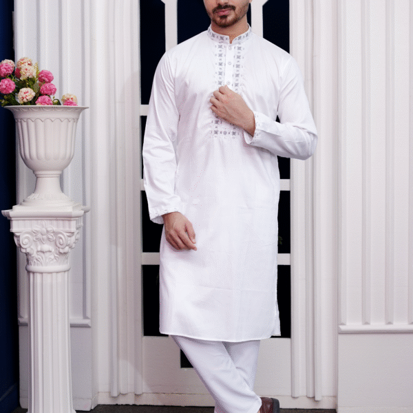 White Textured Weave Cotton With Glass Beads Embroidered Panjabi