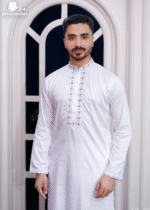 White Textured Weave Cotton With Glass Beads Embroidered Panjabi - Image 2