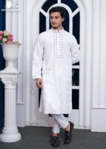 White Textured Weave Cotton And Round Sleeve Embroidered Panjabi - Image 2