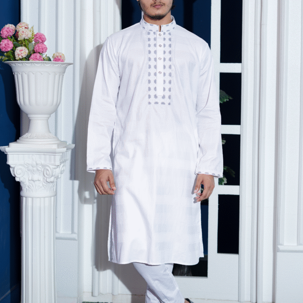 White Textured Weave Cotton And Round Sleeve Embroidered Panjabi