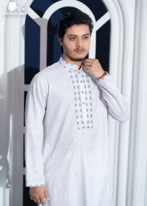 White Textured Weave Cotton And Round Sleeve Embroidered Panjabi - Image 3