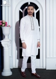 White Premium Cotton Floral Embroidered Panjabi - Image 2