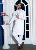 White Premium Cotton Floral Embroidered Panjabi