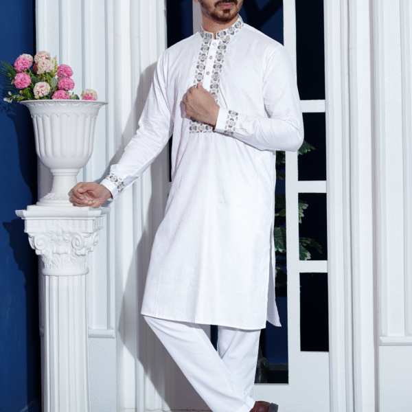 White Premium Cotton Floral Embroidered Panjabi