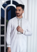 White Premium Cotton Floral Embroidered Panjabi - Image 3