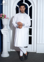 Pure White Premium Cotton Collar And Cuff Embroidered Panjabi - Image 3