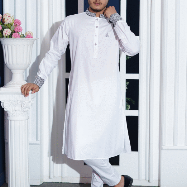 Pure White Premium Cotton Collar And Cuff Embroidered Panjabi