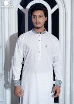 Pure White Premium Cotton Collar And Cuff Embroidered Panjabi - Image 2