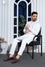 White Self-Striped Pattern Cotton with Glass Beads Panjabi - Image 3