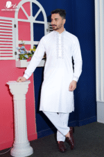 White Self-Striped Pattern Cotton with Glass Beads Panjabi