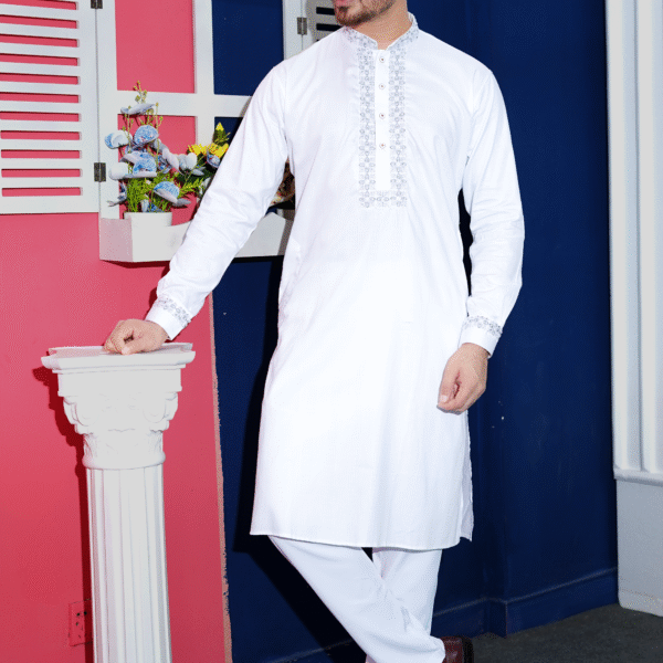 White Self-Striped Pattern Cotton with Glass Beads Panjabi