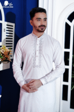 White Self-Striped Pattern Cotton with Glass Beads Panjabi - Image 2