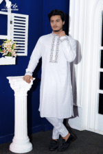 White Premium Cotton Floral Embroidered And Elongated Snap Button Panjabi