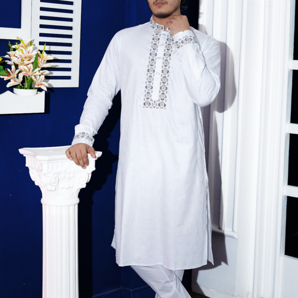 White Premium Cotton Floral Embroidered And Elongated Snap Button Panjabi