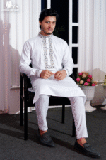 White Premium Cotton Floral Embroidered And Elongated Snap Button Panjabi - Image 2