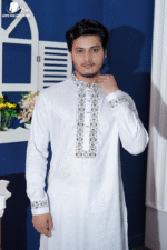 White Premium Cotton Floral Embroidered And Elongated Snap Button Panjabi - Image 3