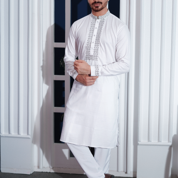 White Cotton Panjabi With Glass Beads Embroidery On Collar, Cuffs,And Placket