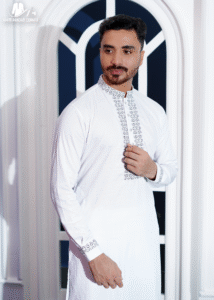 White Cotton Panjabi With Glass Beads Embroidery On Collar, Cuffs,And Placket - Image 2