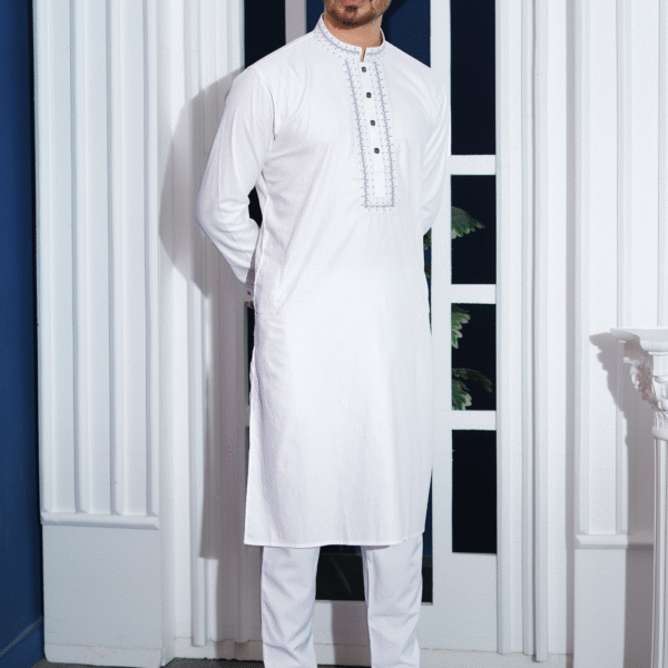 White Premium Cotton Round Sleeve Embroidered Panjabi