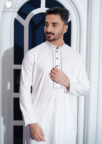 White Premium Cotton Round Sleeve Embroidered Panjabi - Image 2