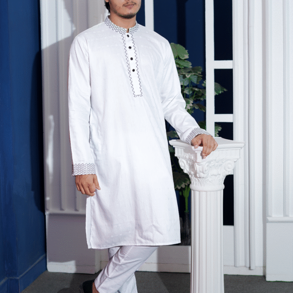 White Cotton Simple Embroidered Panjabi